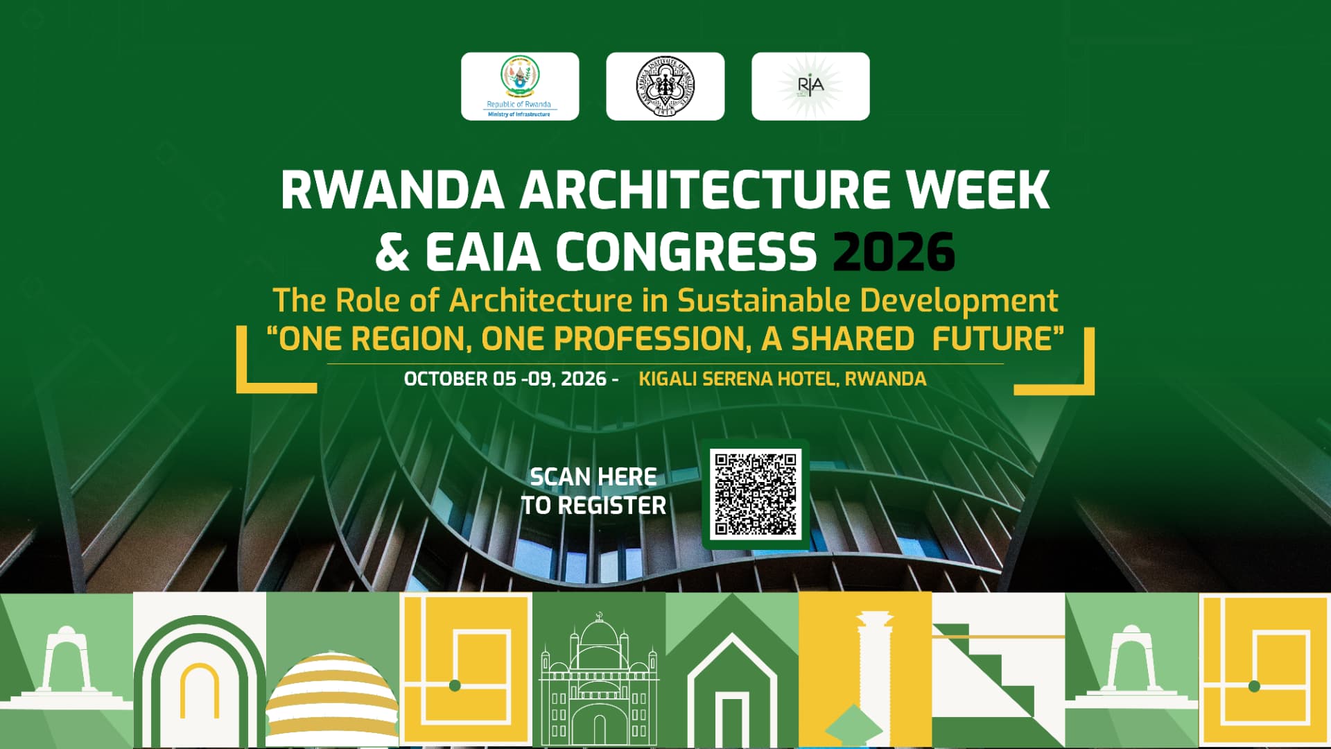 Flyer for Rwanda Architecture Week and EAIA Congress 2026 — the role of architecture in sustainable development, 5–9 October 2026, Kigali Serena Hotel