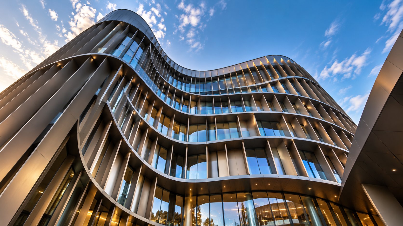 Undulating contemporary architecture under a blue sky