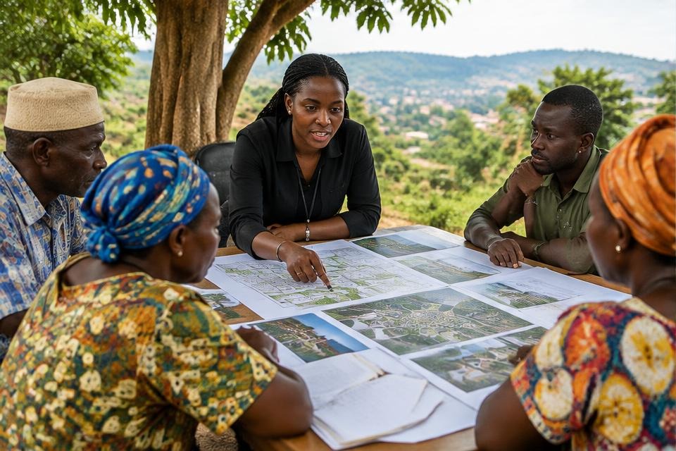An architect discussing plans with community members
