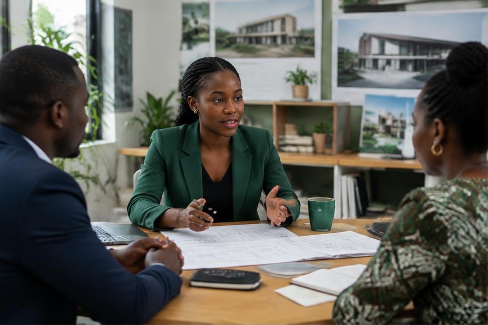 An architect discussing a project and its fees with clients