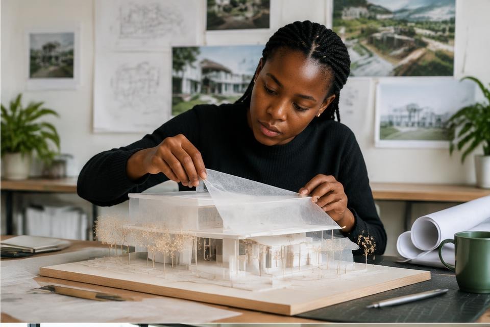 An architecture graduate preparing a detailed physical model