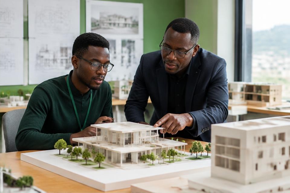 A professional intern reviewing an architectural model with a supervisor
