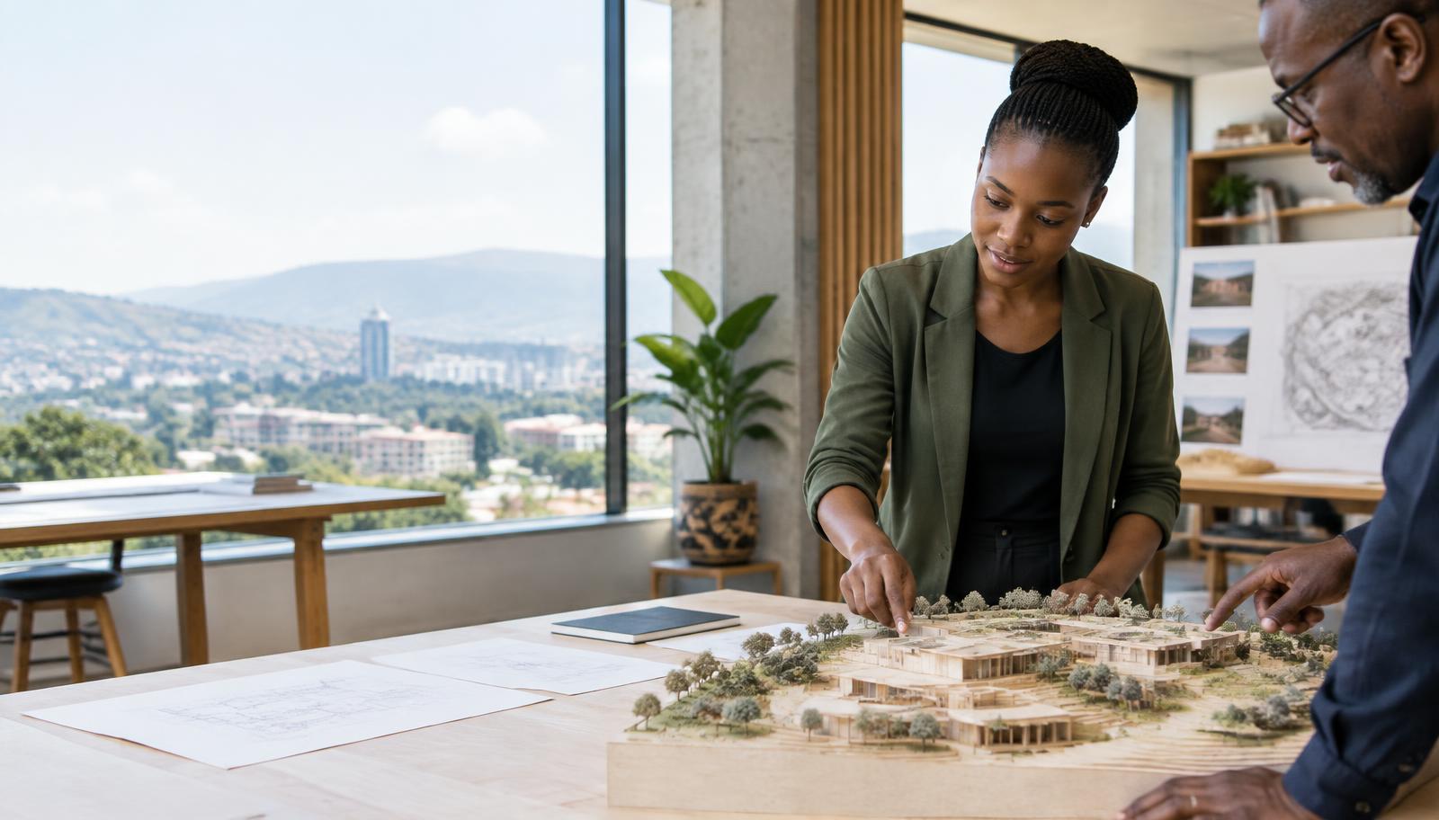 A professional intern reviewing an architectural model with a supervisor