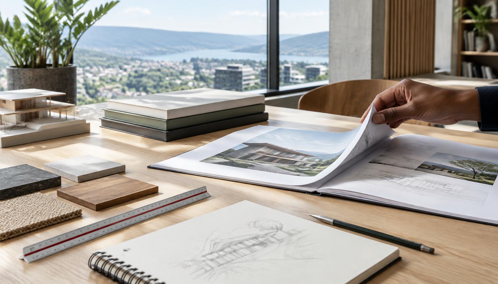 Architectural guidance documents and material samples on a studio table
