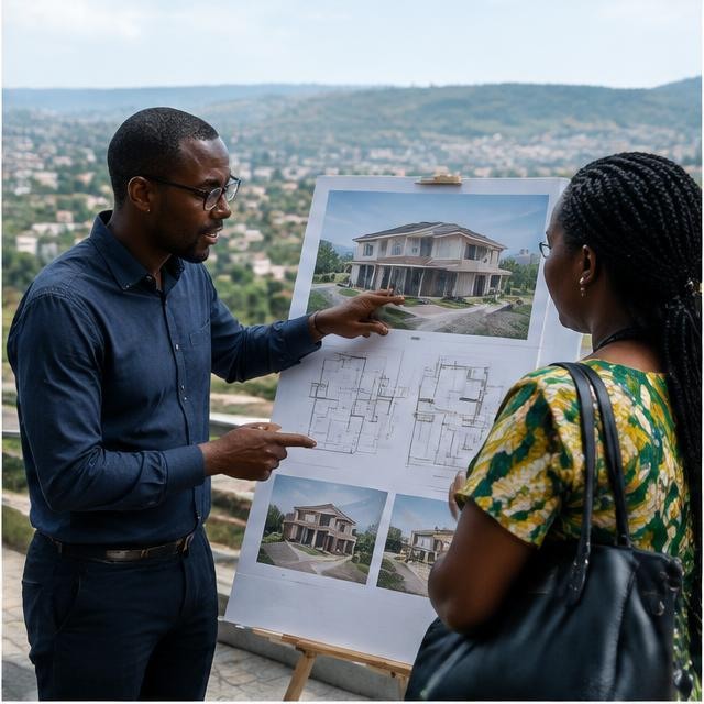 An architect reviewing a member's blueprint
