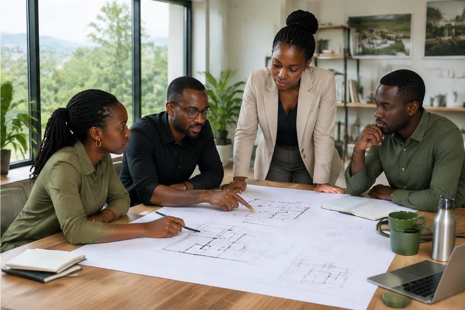 A Rwandan architecture team reviewing plans in a studio