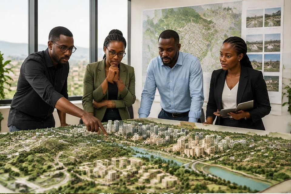Architects reviewing an urban development model
